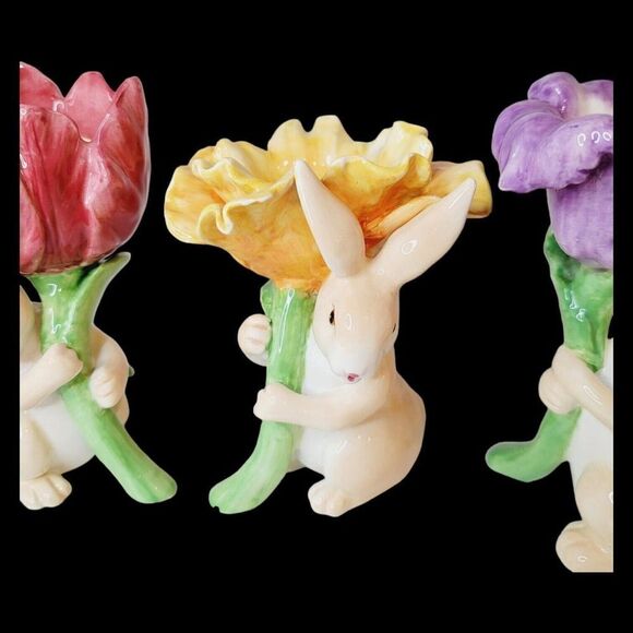 Set of 3 Magenta Seasonal Collection Ceramic Bunny Rabbit Candle Holder Flowers - Picture 3 of 15
